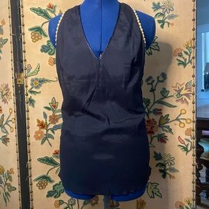 Nelli silky navy blue top with pearl and gold trim